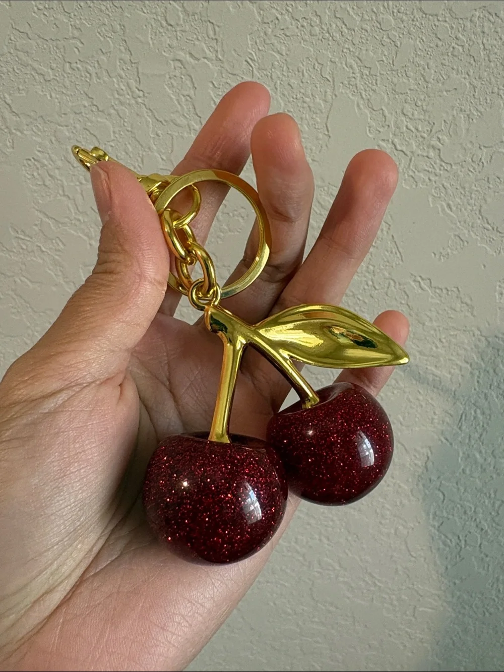 NWOT Gold Cherry Keychain Bag Charm with Red Glitter Cherries